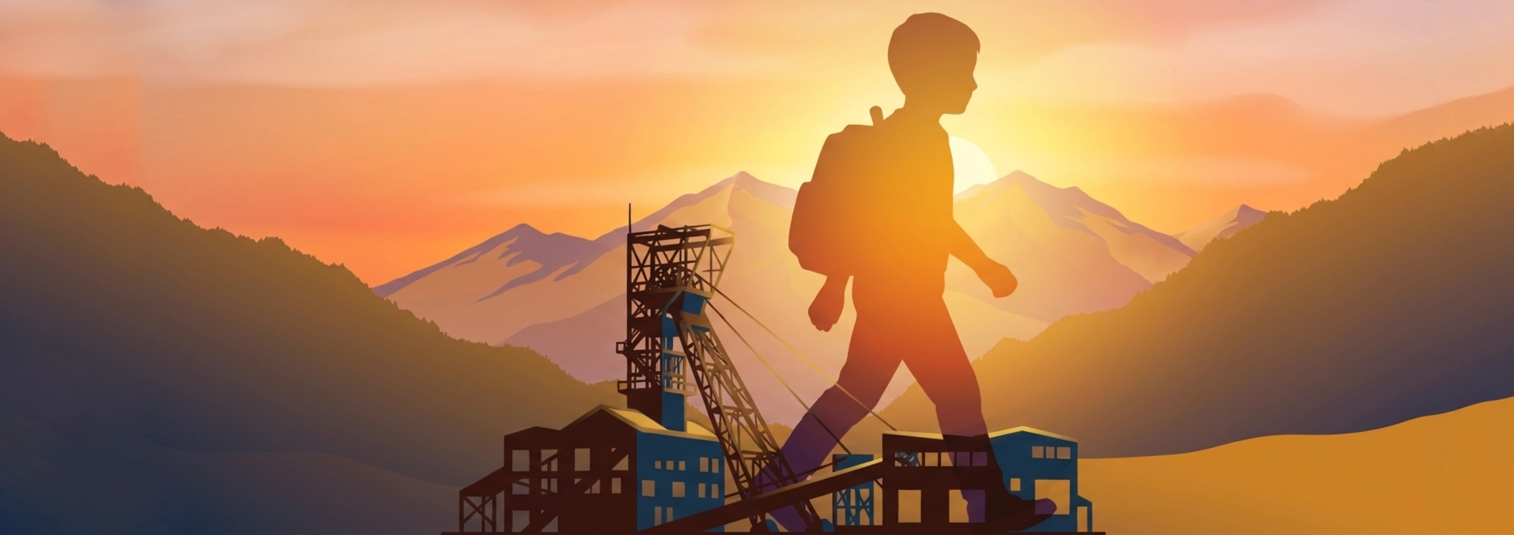 Ilustrație: la răsărit, un copil cu ghiozdan în spate merge peste silueta sitului minier din Lupeni, cu munții Văii Jiului în fundal.
